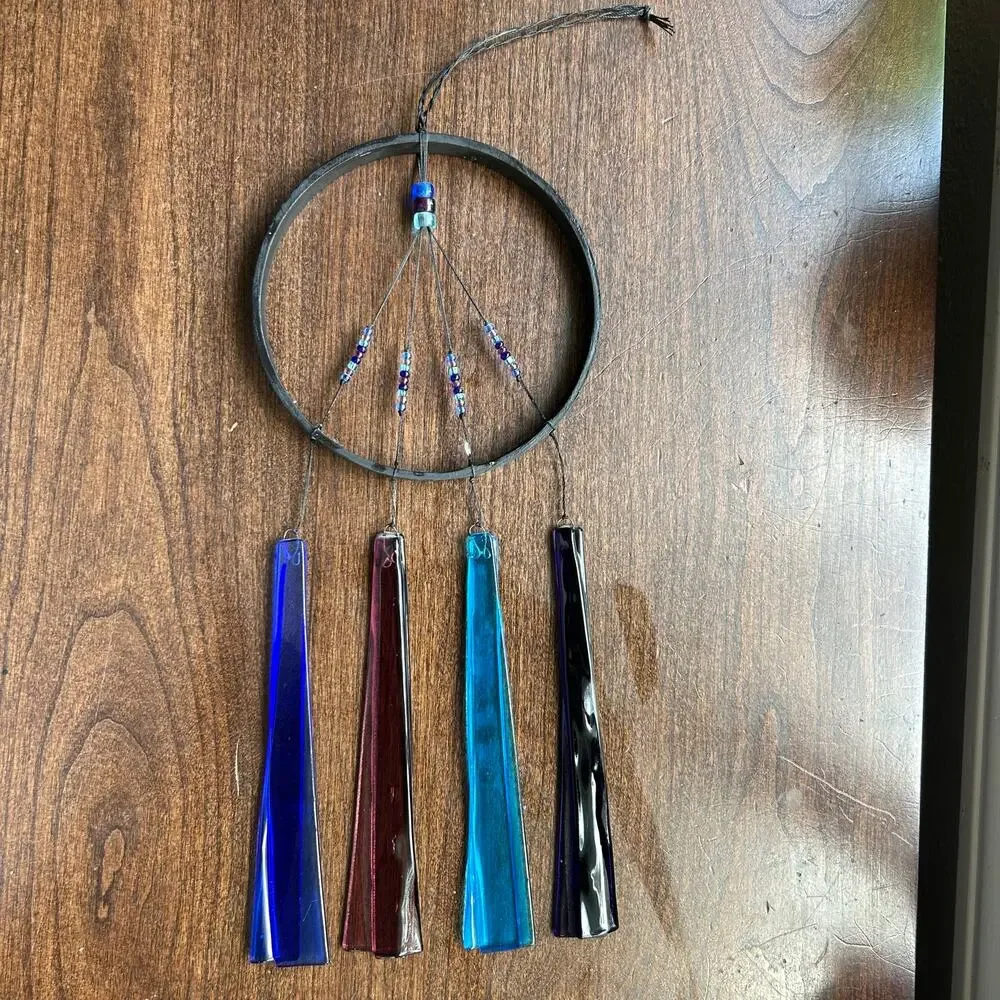 Vintage handmade fused glass wind chime stained colored glass panels and beads